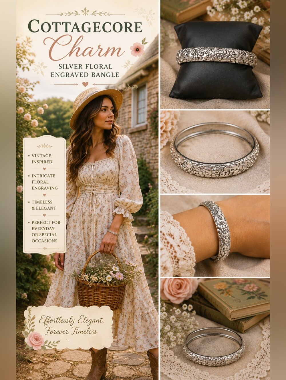 Vintage-Inspired Silver Floral Engraved Bangle Bracelet | Timeless Cottagecore